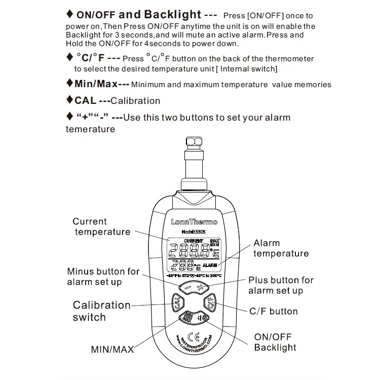 High Temperature Alarm Timer Food Thermometer Digital Kitchen Handheld Thermometer with High Accuracy and IP68